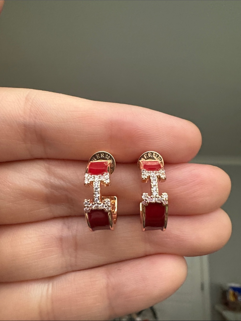 H Style Red Enamel CZ Hoop Earrings Gold Tone